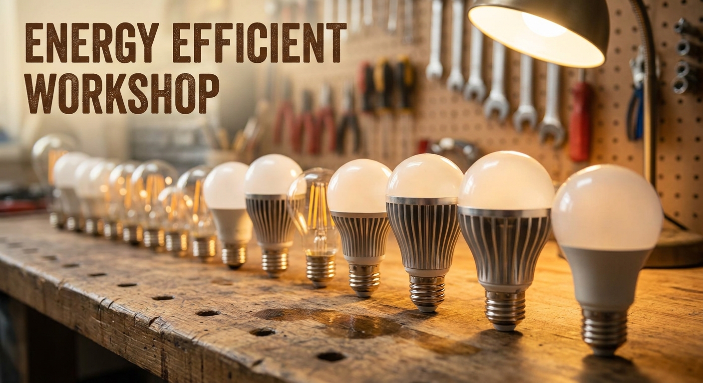 ampoules LED basse consommation alignées sur un établi d'atelier bricolage