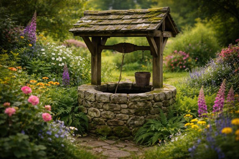 puits-pierres-jardin-fleurs-colorées